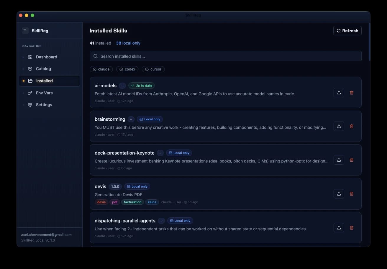 SkillReg desktop app — browse, install, and manage AI agent skills